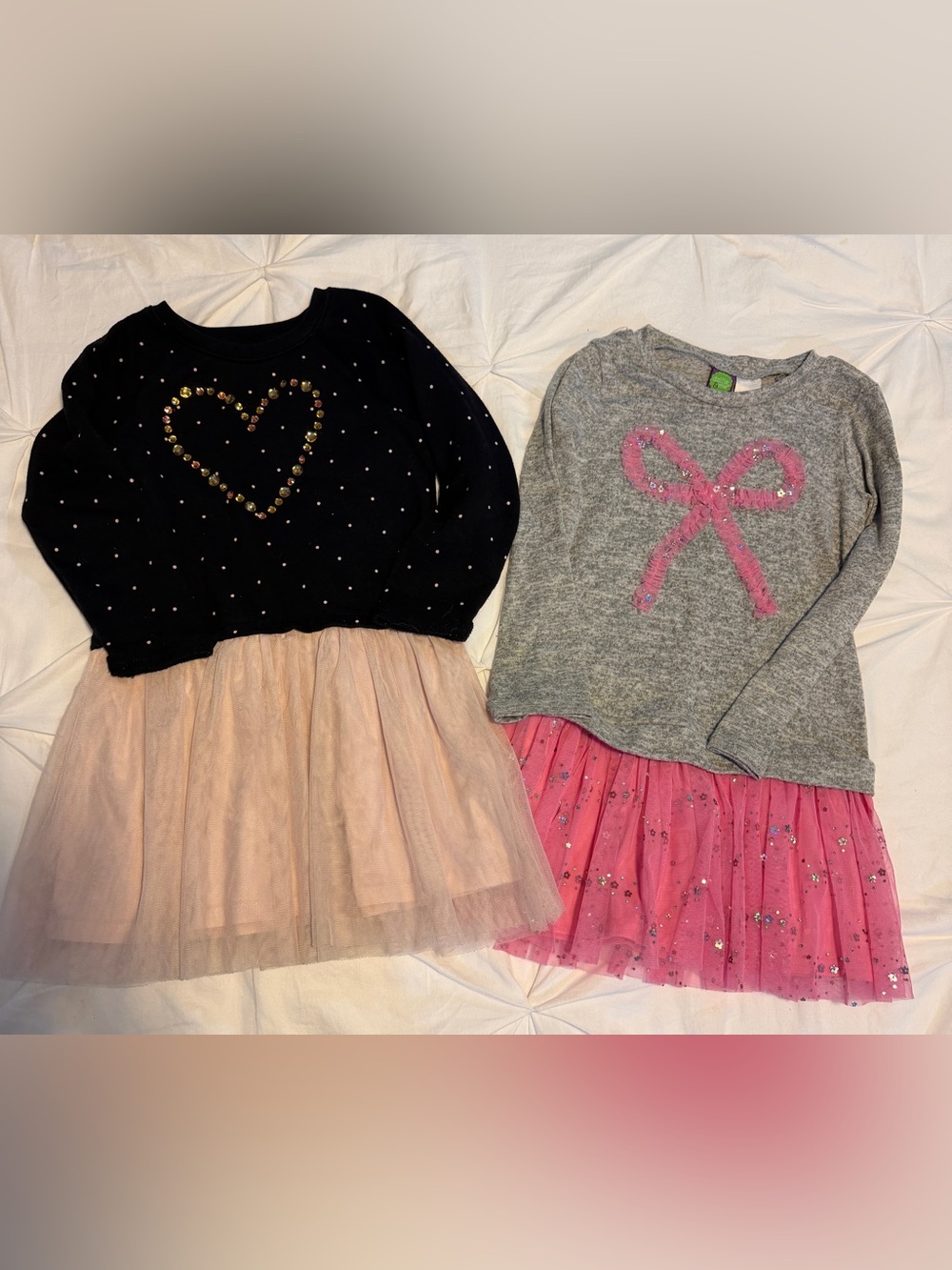 Girls' Sparkle Heart & Bow Tulle Dress Tops - Black, Gray, Pink